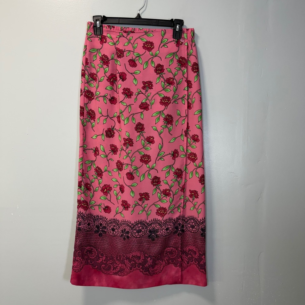 Vintage Sag Harbor Pink Floral Lace Pattern Print Maxi Wrap Skirt 8 543031